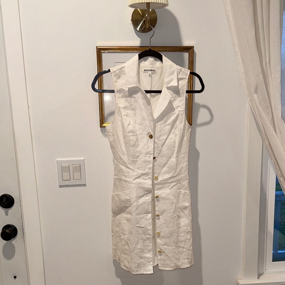 Reformation White Sleeveless Button-Front Mini Dress